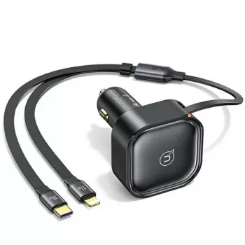 USAMS C41 Auto lādētājs 30W PD ātrā uzlāde ar ievelkamu USB-C un Lightning kabeli Melns (US-CC219)