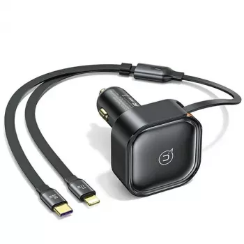 USAMS Auto lādētājs ar ievelkamu kabeli 2xUSB-C C41 PD 30W ātrā uzlāde Melns CC220CC01 (US-CC220)