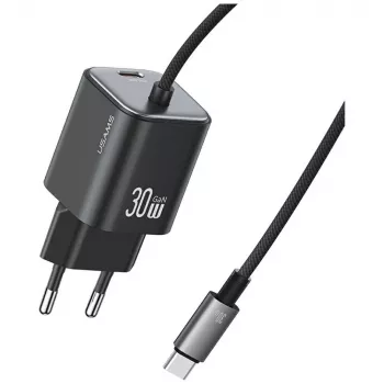 USAMS 30W GaN ātrais lādētājs ar USB-C kabeli (melns, EU kontaktdakša)