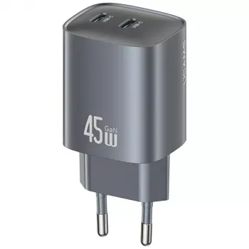 USAMS CC305 T66 45W GaN sienas lādētājs ar 2x USB-C, tumši pelēks