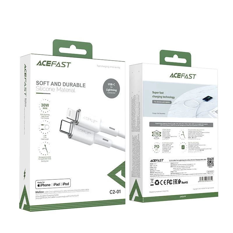 ACEFAST MFI USB-C to Lightning kabelis 1,2m, 30W, 3A, melns (C2-01)