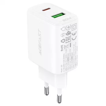 Acefast A25 sienas lādētājs, USB + USB-C, PD 20W (balts)