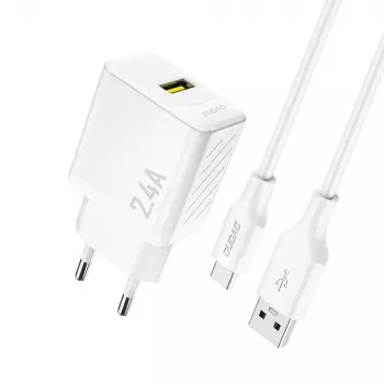 Dudao A23TEU 12W USB-A sienas lādētājs ar 1m USB-A uz USB-C kabeli, balts