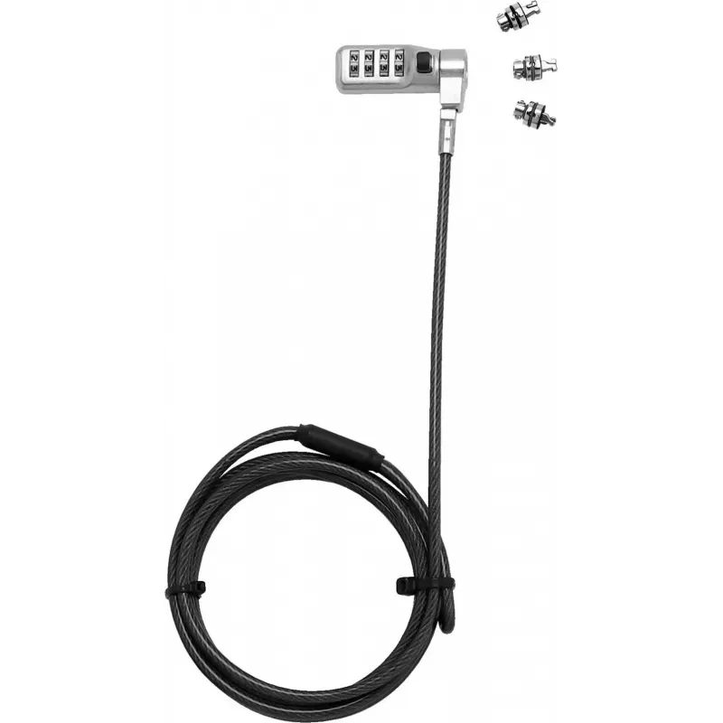 DICOTA Universal Security Cable Lock with 3 Exchangeable Heads, Combination Lock, 2 m Cable, Black