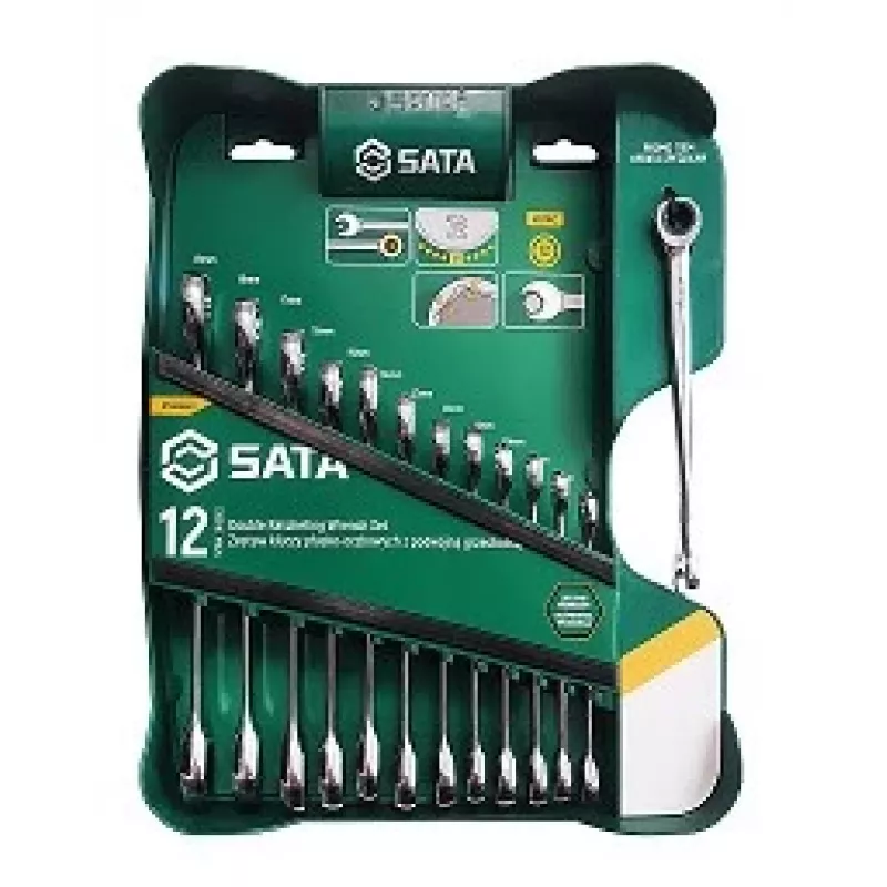 SATA 13-Daļu Dubultā Sprūdrata Kombinēto Uzgriežņu Atslēgu Komplekts ar X-Beam Dizainu, Metrisks, 8-21 mm, Hroma Vanādija Tērauds, Pūšanas Formēts Futrālis