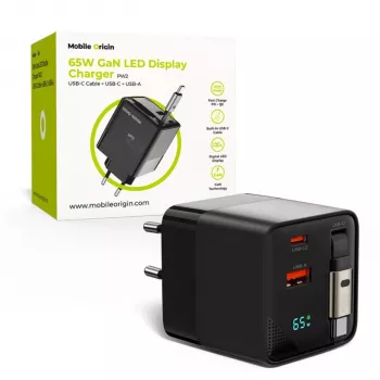 Mobile Origin 65W GaN Lādētājs ar USB-C ievelkamu kabeli + USB-A 75cm