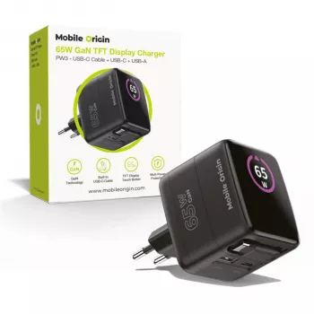 Mobile Origin 65W GaN Lādētājs PW3 USB-C Izvelkams Kabelis 65cm + USB-A Melns