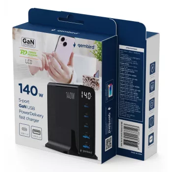 GEMBIRD TA-UC-2A3C-PD140-01-BK GaN 5 portu USB-C un USB-A ātrās uzlādes lādētājs, 140 W, melns