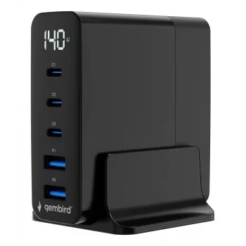 GEMBIRD TA-UC-2A3C-PD140-01-BK GaN 5 portu USB-C un USB-A ātrās uzlādes lādētājs, 140 W, melns