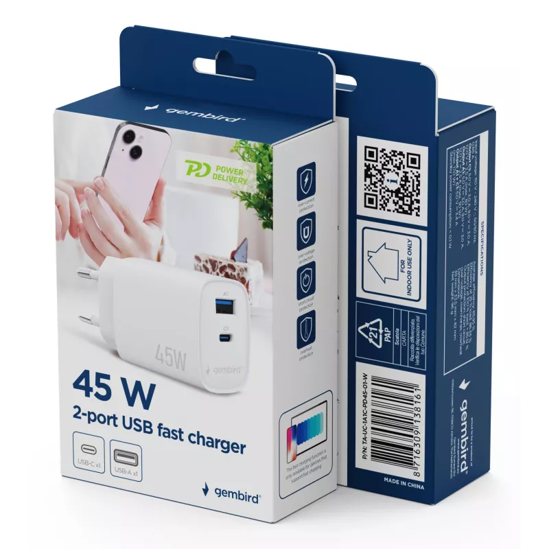 Gembird TA-UC-1A1C-PD45-01-W 45W USB-C PD sienas lādētājs balts
