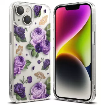 Ringke Fusion Design Hybrid Protective Case for Apple iPhone 14 Plus, Transparent with Purple Rose Frame, MIL-STD 810G-516.6 Certified