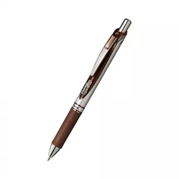 Pentel EnerGel Xm izvelkamā gēla pildspalva - brūna tinte - 0,35 mm - īpaši smalks gals - adatas gals - plastmasas korpuss - gumijas satvēriens - brūns korpuss - sudraba klipsis - apaļa forma