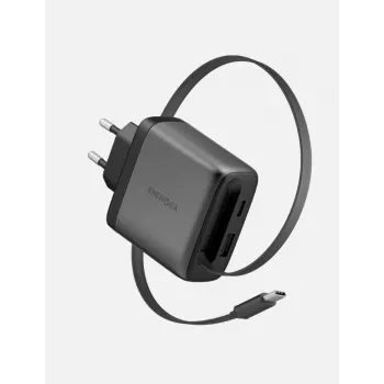 ENERGEA Ampcharge Arc 65W GaN USB-A/USB-C sienas lādētājs ar ievelkamu USB-C kabeli, Gunmetal