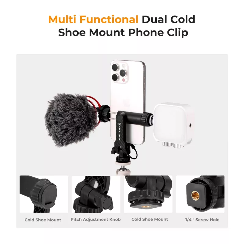 K&F Concept Tripod Mount Phone Holder ar 1/4 collu skrūvi, 360° rotācija, viedtālrunim, melns
