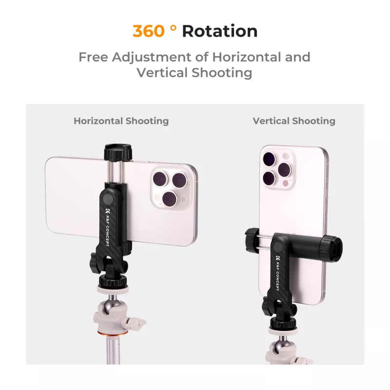 K&F Concept Tripod Mount Phone Holder ar 1/4 collu skrūvi, 360° rotācija, viedtālrunim, melns