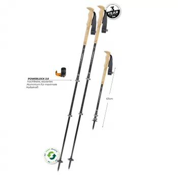 Komperdell Carbon Ultra Zero teleskopiskās trekinga nūjas, 3 daļu īpaši viegla oglekļa šķiedra, Powerlock 3.0, Trek Pro 280 korķa rokturis