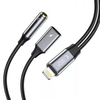 TECH-PROTECT ULTRABOOST Kabeļa adapteris Lightning uz 3.5mm Mini Jack & Lightning, Melns