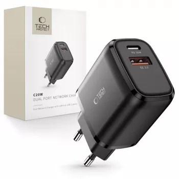 TECH-PROTECT C20W 2-Port Network Charger PD20W/QC3.0 Black
