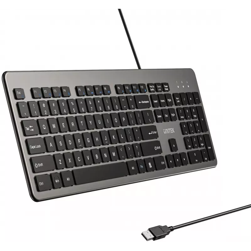 UNITEK SlimTap vadu biroja tastatūra, USB-A, pelēka