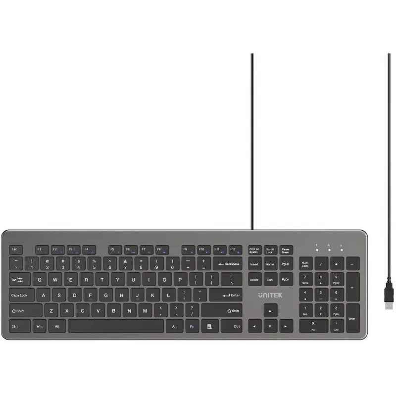 UNITEK SlimTap vadu biroja tastatūra, USB-A, pelēka