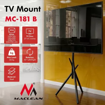 Maclean TV grīdas statīvs/pamatne, 27-55 inch, VESA 200x200, 60 kg, melns, MC-181 B