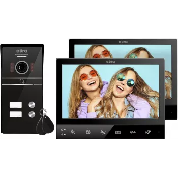 Eura VDP-80C5 Divģimeņu video domofonu sistēma, melna, 2x 7 inch LCD, FHD, 2 ieejas, 1080p kamera, RFID lasītājs, virsmas montāža