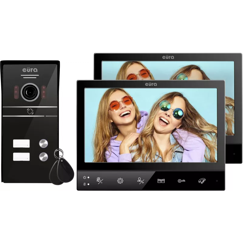 Eura VDP-80C5 Divģimeņu video domofonu sistēma, melna, 2x 7 inch LCD, FHD, 2 ieejas, 1080p kamera, RFID lasītājs, virsmas montāža