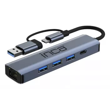 INCA Hub IUTP-5T USB-C/A uz 3x USB-A 3.0 / RJ45 5 Gbit/s Pelēks