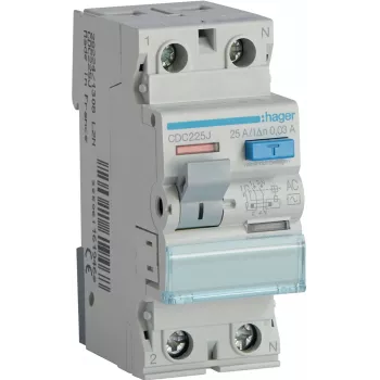 HAGER CDC225J RCCB 1P+N 25A 30mA 6kA AC Noplūdes strāvas aizsargslēdzis