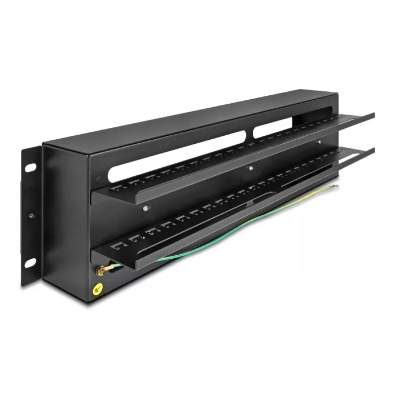 DELOCK 19 inch Circuit Breaker Distribution Panel ar vāku un DIN sliedi, ieskaitot 2x kabeļu atslogošanas sliedes, 3U, tērauds melns