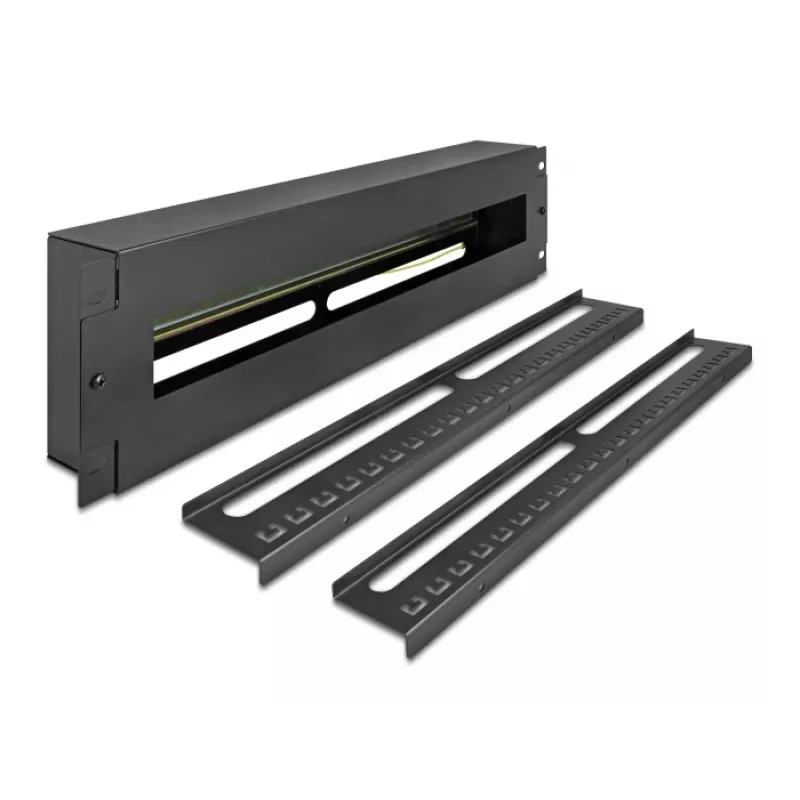 DELOCK 19 inch Circuit Breaker Distribution Panel ar vāku un DIN sliedi, ieskaitot 2x kabeļu atslogošanas sliedes, 3U, tērauds melns