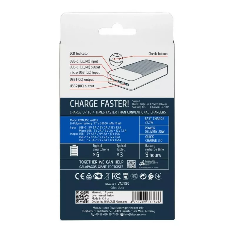 Rivacase VA2103 Power Bank 30000 mAh 22.5W Melns