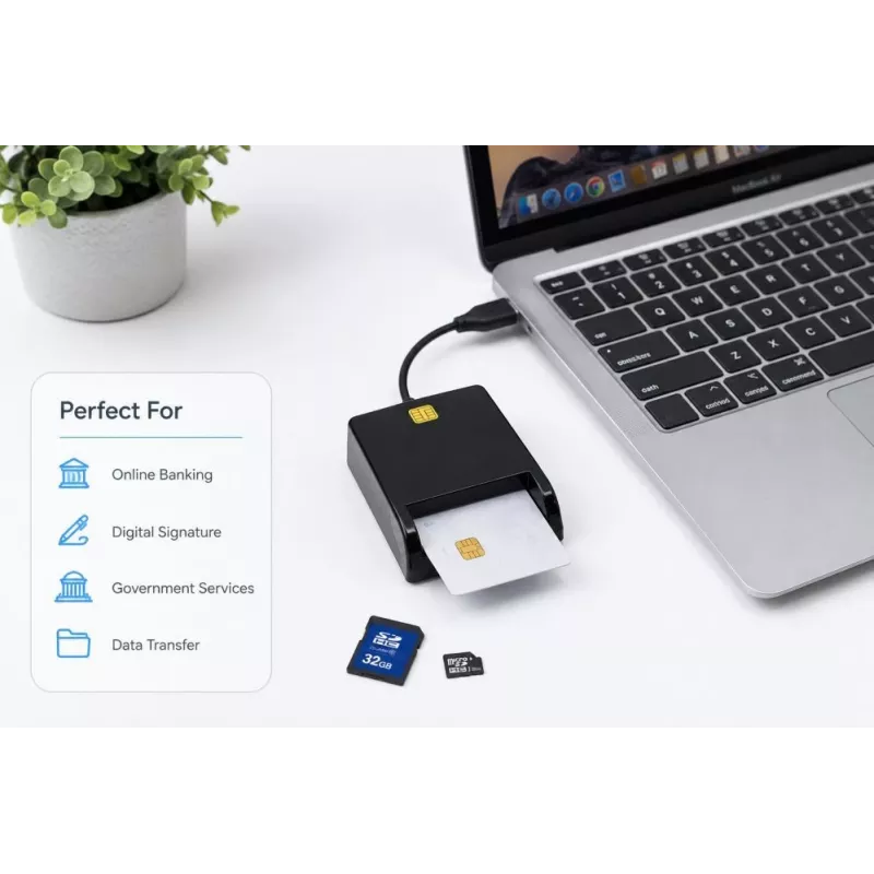 iLike 4-in-1 USB Smart Card Reader ar SIM, SD un Micro SD atbalstu, CAC lasītājs ID kartēm, bankas kartēm, eID un atmiņas kartēm Melns