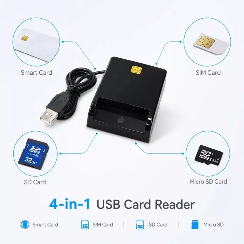 iLike 4-in-1 USB Smart Card Reader ar SIM, SD un Micro SD atbalstu, CAC lasītājs ID kartēm, bankas kartēm, eID un atmiņas kartēm Melns