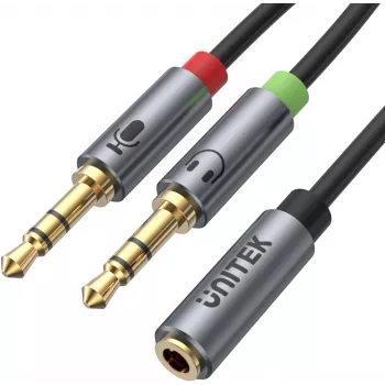 UNITEK Y-C957ABK 3.5mm Mini-Jack Audio Sadalītāja Kabelis, Sievišķais uz 2x Vīrišķo, 20 cm, Melns