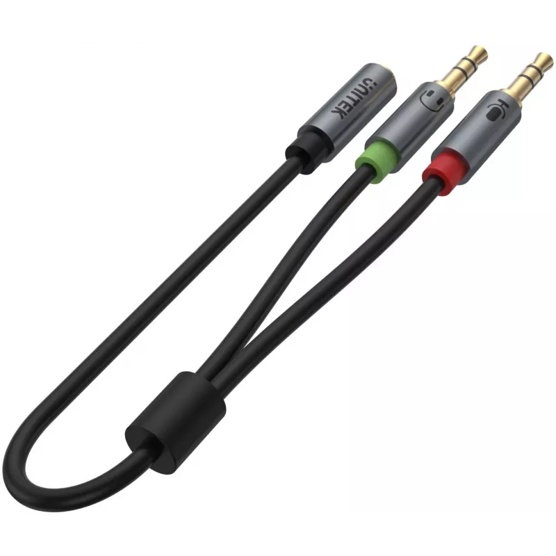 UNITEK Y-C957ABK 3.5mm Mini-Jack Audio Sadalītāja Kabelis, Sievišķais uz 2x Vīrišķo, 20 cm, Melns