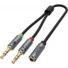UNITEK Y-C957ABK 3.5mm Mini-Jack Audio Sadalītāja Kabelis, Sievišķais uz 2x Vīrišķo, 20 cm, Melns