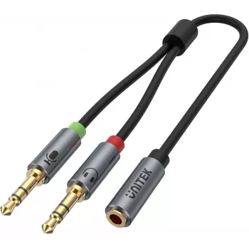 UNITEK Y-C957ABK 3.5mm Mini-Jack Audio Sadalītāja Kabelis, Sievišķais uz 2x Vīrišķo, 20 cm, Melns
