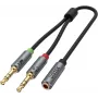 UNITEK Y-C957ABK 3.5mm Mini-Jack Audio Sadalītāja Kabelis, Sievišķais uz 2x Vīrišķo, 20 cm, Melns