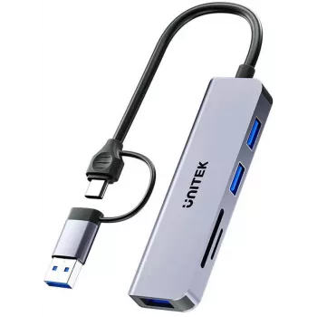 UNITEK 5-in-1 USB-C Hub ar SD un MicroSD karšu lasītāju, 5 Gbps, Space Grey