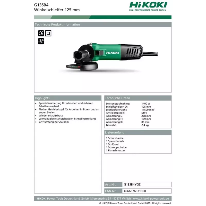 Hikoki G13SB4YGZ leņķa slīpmašīna 3.1 kg