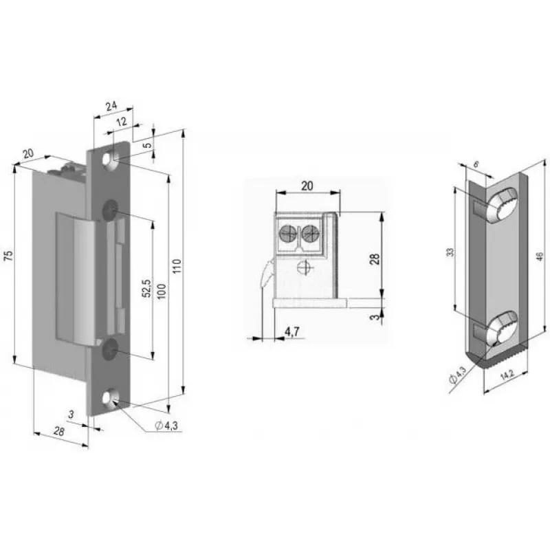 SCOT ES-S12AC/DC-MB PROFI Simetriska elektriskā fiksators ar atmiņu un bloķēšanu, 12V AC/DC, Fail-Secure, 3000N