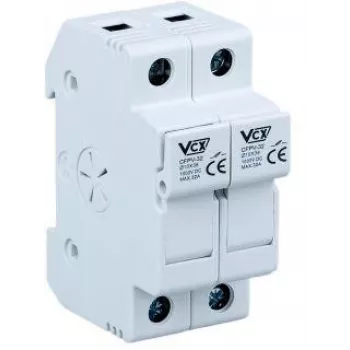 VCX CF PV32 2P 2-polu drošinātāja pamatne 32A 1000V DC 10x38mm drošinātājiem, DIN sliedes montāža, skrūvju spaile, fotoelementu