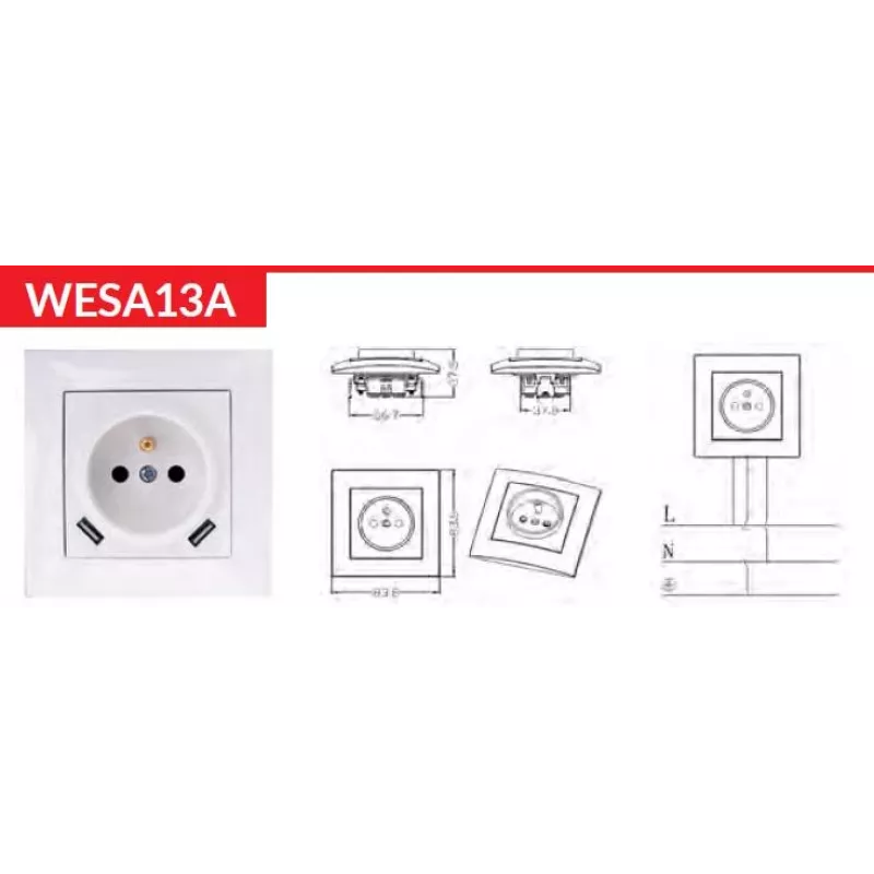 VCX WESA LC 13A viena kontaktligzda ar USB lādētāju balta