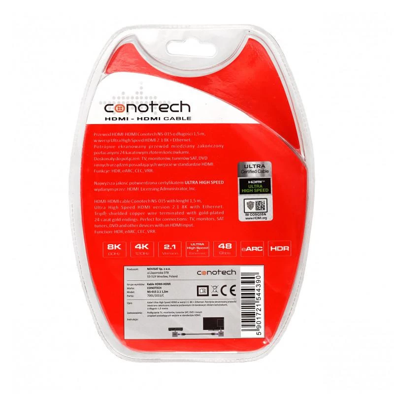 CONOTECH NS-015 2.1 8K HDMI kabelis 1,5m Ultra High Speed 48Gbps Melns