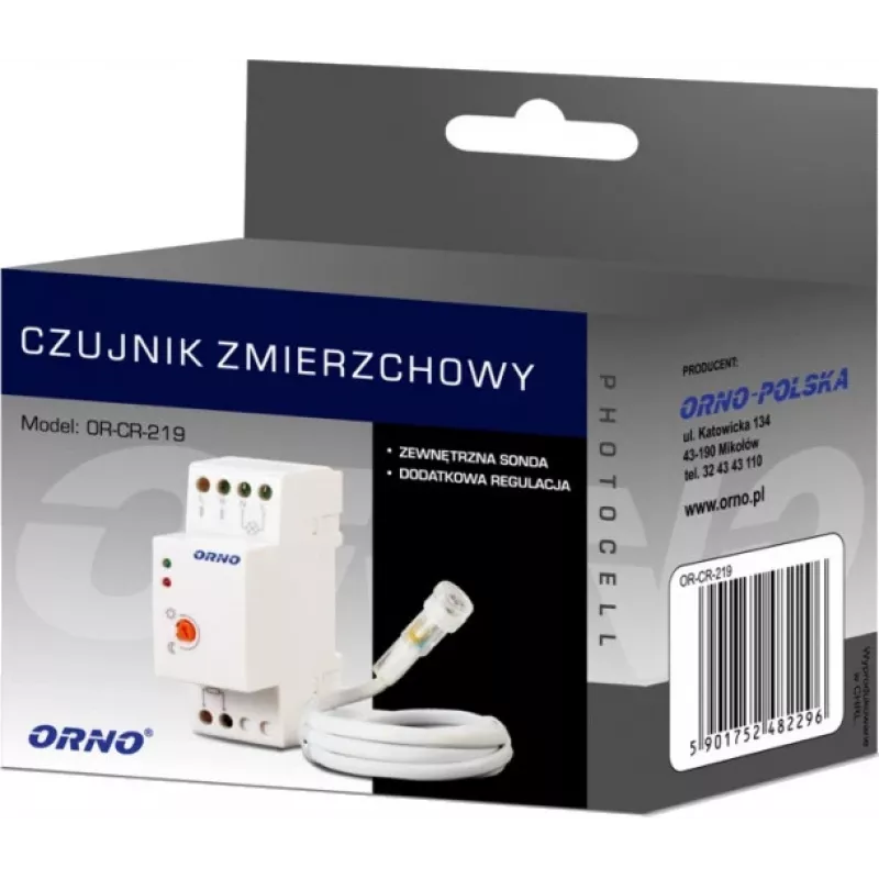 ORNO OR-CR-219 DIN sliežu krēslas sensors ar ārējo fotoelementu, 230V AC, 10A, 2-100 luksi