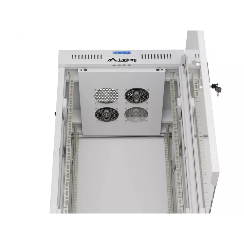 LANBERG 19 inch 22U grīdas skapis 600x600 mm pelēks ar rūdīta stikla durvīm un LCD displeju (plakanā iepakojumā)