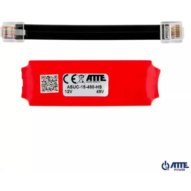 ATTE ASUC-15-480-HS pasīvais PoE adapteris, ieeja 10-30V DC, izeja 48V DC 15W, 0.31A, RJ45, sienas montāžai, melns