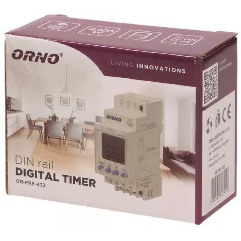 ORNO OR-PRE-433 Elektroniskais nedēļas taimeris, DIN sliede, 16A/3680W, 16 programmas, 230V