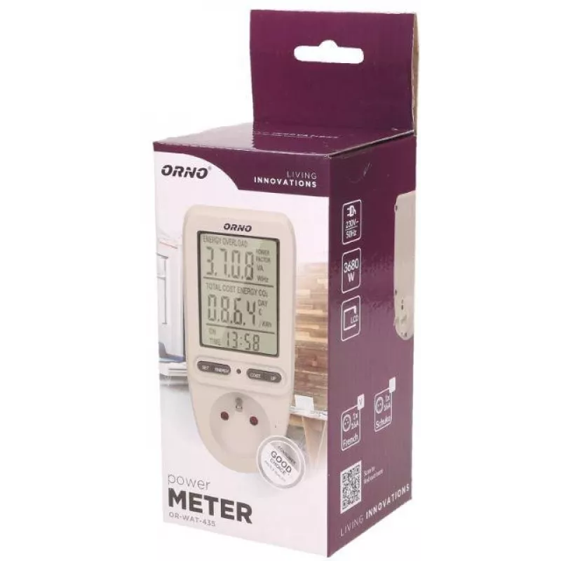 ORNO OR-WAT-435 Digitalais enerģijas skaitītājs ar LCD displeju, 230V, 16A, 3680W, F tipa kontaktdakša